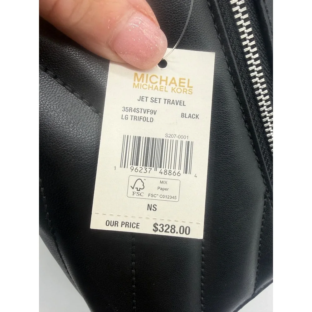 Michael Kors Jet Set Travel Large‎ Quilted Tri-Fold Wallet Black NWT